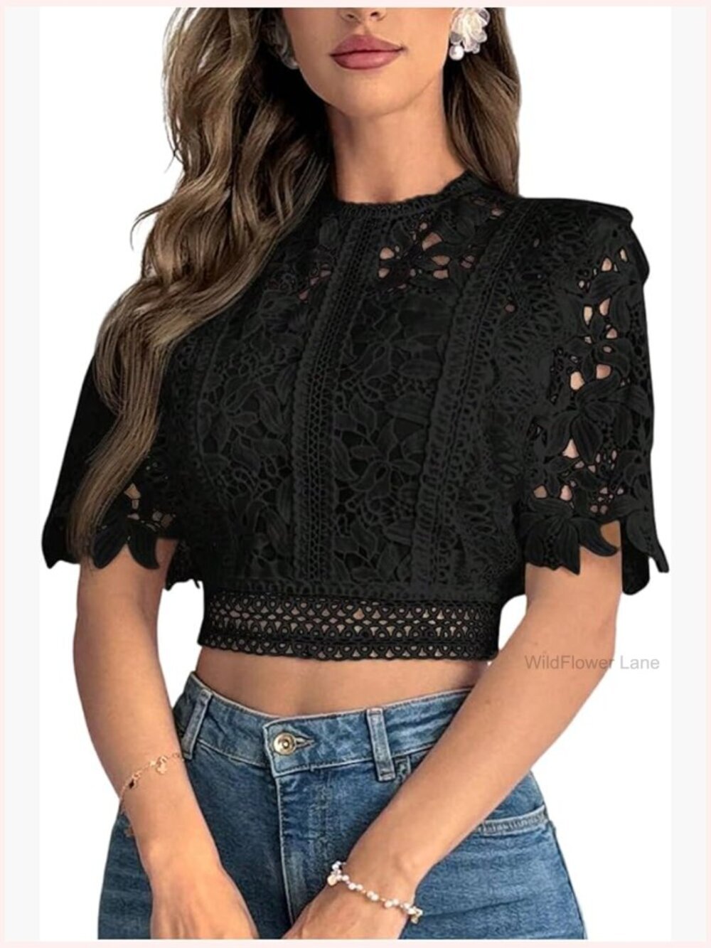 Floral Lace Crop Blouse Mock Neck Short Sleeve Office Top